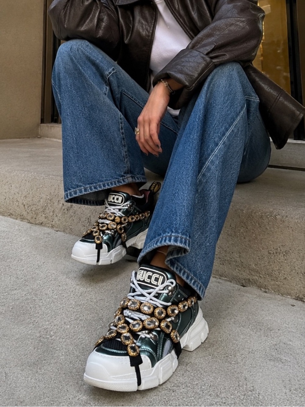 Gucci Flashtrek Crystal Embellished Metallic Green Chunky Sneakers Size 38